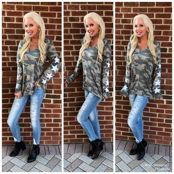 🛍 LAST 1! Camo Star ⭐️ Print U Neck Top! - Picture 6 of 8